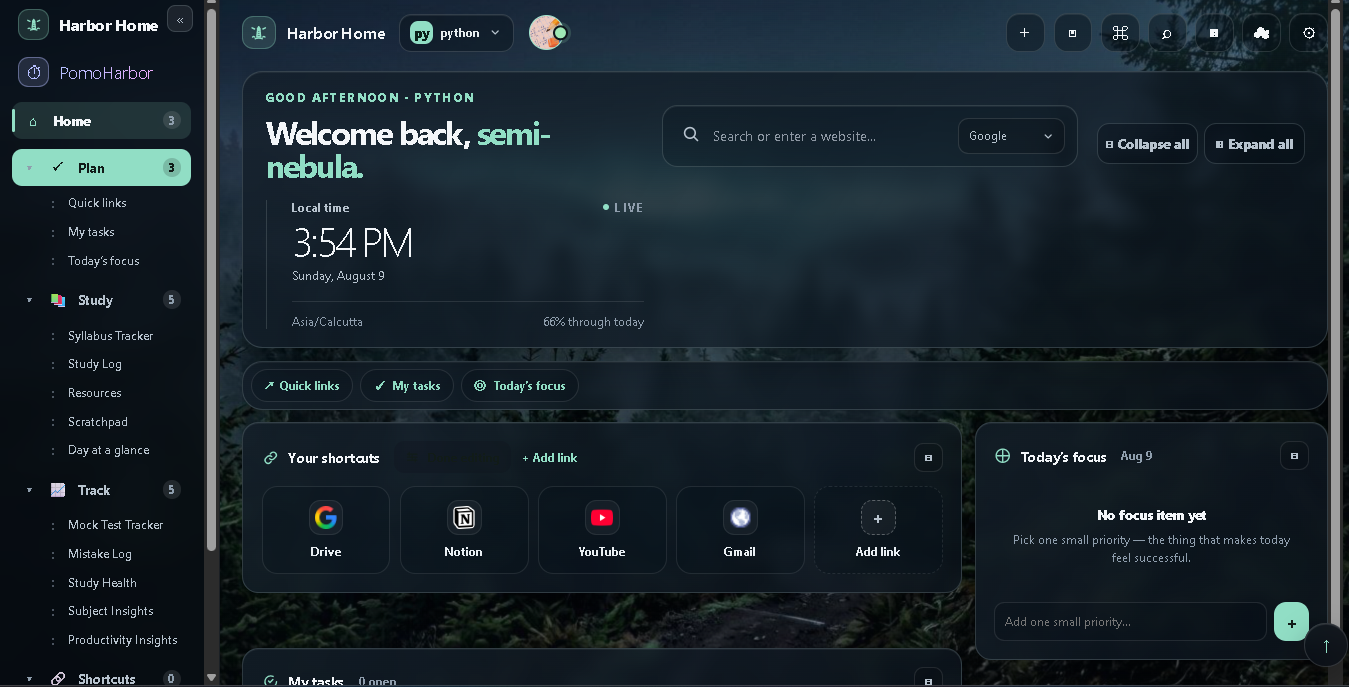 Harbor Home dashboard — the study command center