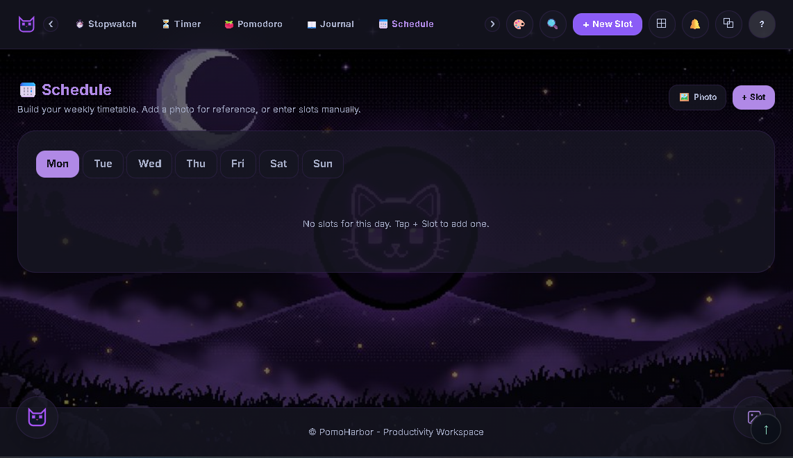 PomoHarbor focus room — timers, pomodoro, and schedule