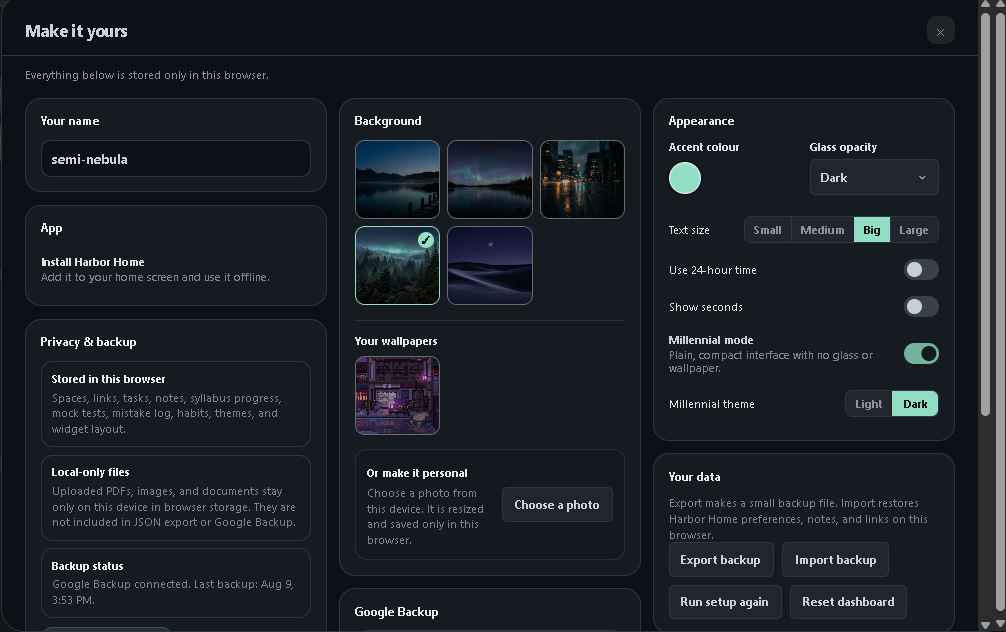 Settings and appearance panel